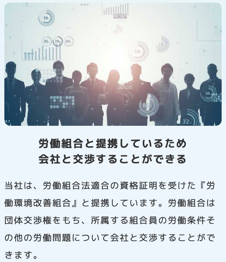 『労働環境改善組合』と提携していて団体交渉権を行使できる